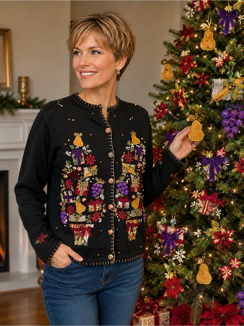 Ugly Christmas Tree Cardigan Woman’s XL Victoria Jones Fancy Ornaments